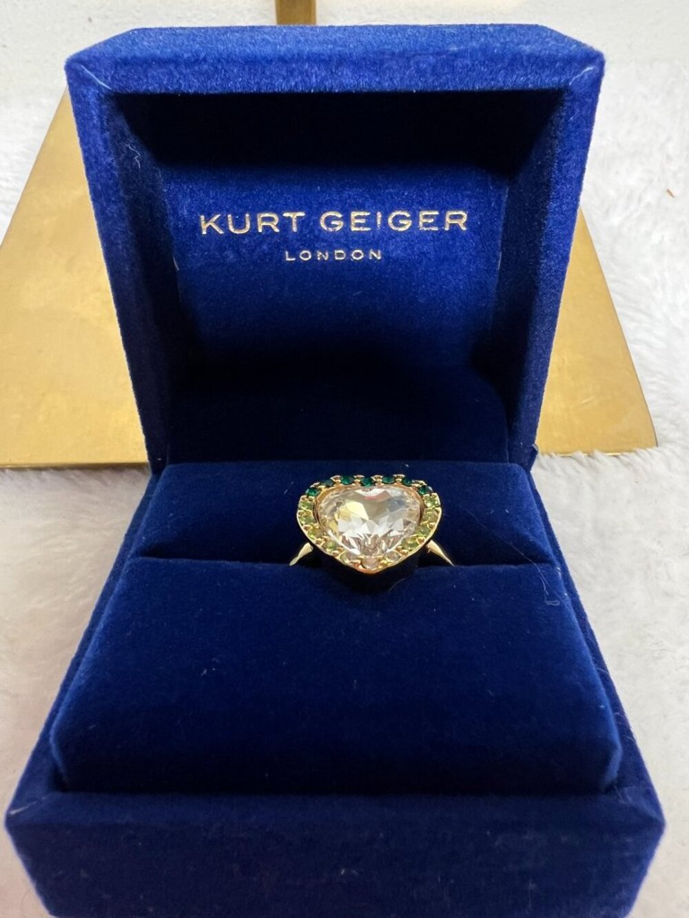 Kurt Geiger London Crystal Heart Halo Cocktail Ring Green Crystals Size 7 - NWT
